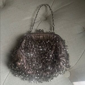 Vintage Silver Toned Beaded Woman’s Evening Hand Clutch Bag